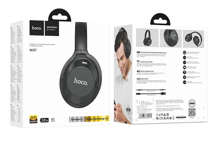 Bluetooth headset, HOCO W37, sztereó fejhallgató mikrofonnal, fekete, bliszteres