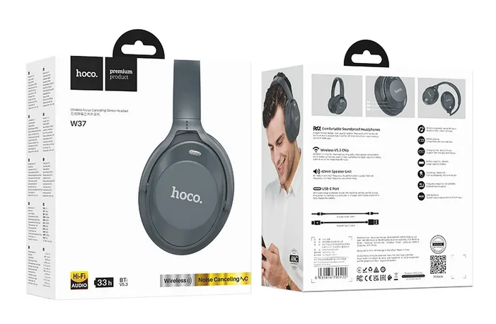 Bluetooth headset, HOCO W37, sztereó fejhallgató mikrofonnal, kék, bliszteres