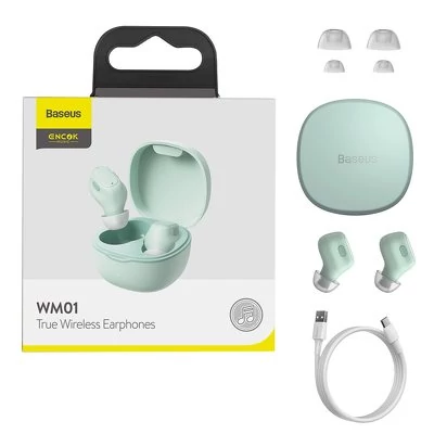 Bluetooth headset, Baseus Encok WM01 /NGWM01-06/, vezeték nélküli fülhallgató, töltő tokkal, zöld, bliszteres