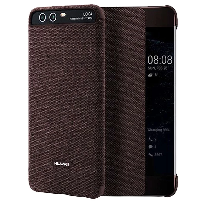 Gyári tok, Huawei P10, oldalra nyíló smart flip tok, átlátszó barna, bliszteres