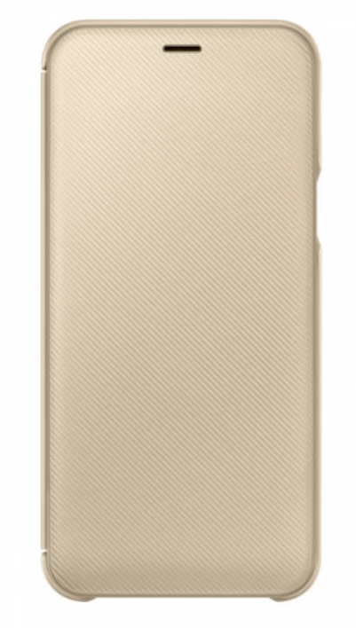 Gyári tok, Samsung Galaxy J6 (2018), oldalra nyíló flip tok, arany, bliszteres