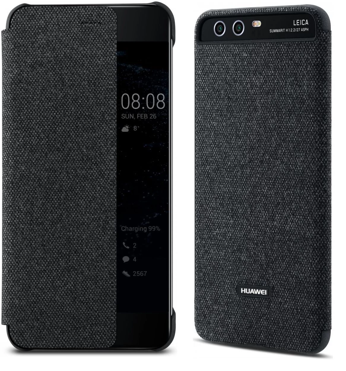 Gyári tok, Huawei P10, oldalra nyíló smart flip tok, átlátszó sötét szürke, bliszteres