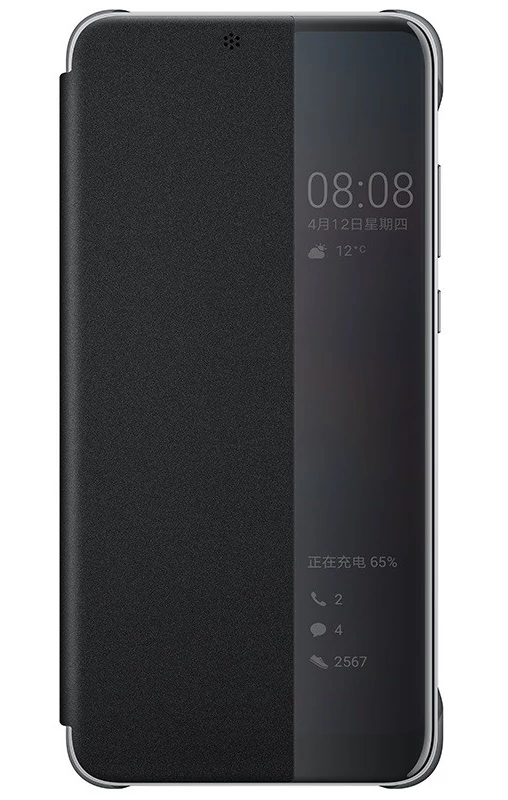 Gyári tok, Huawei P20 Pro, oldalra nyíló műanyag smart flip tok, fekete, bliszteres