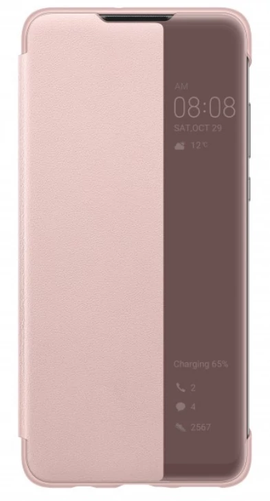 Gyári tok, Huawei P30 Lite, oldalra nyíló műanyag smart flip tok, rózsaszín, bliszteres