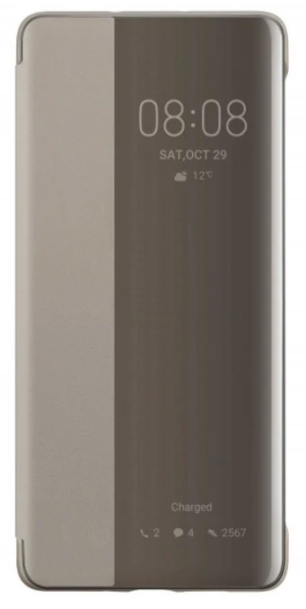 Gyári tok, Huawei P30 Pro, oldalra nyíló műanyag smart flip tok, khaki, bliszteres