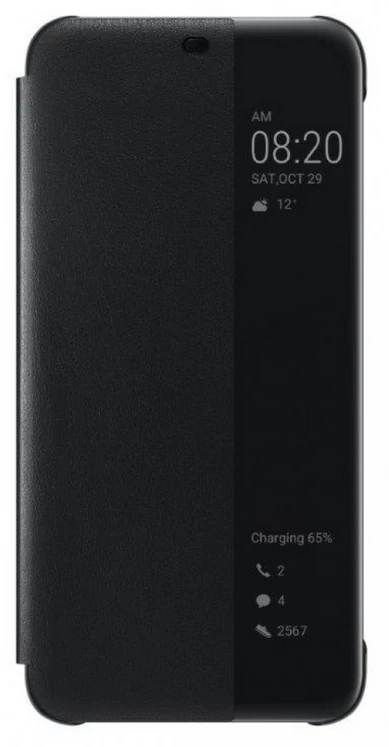Gyári tok, Huawei P30 Lite, oldalra nyíló műanyag smart flip tok, fekete, bliszteres