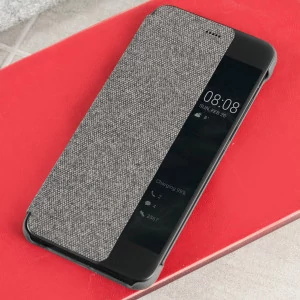 Gyári tok, Huawei P10 Lite, oldalra nyíló smart flip tok, átlátszó szürke, bliszteres