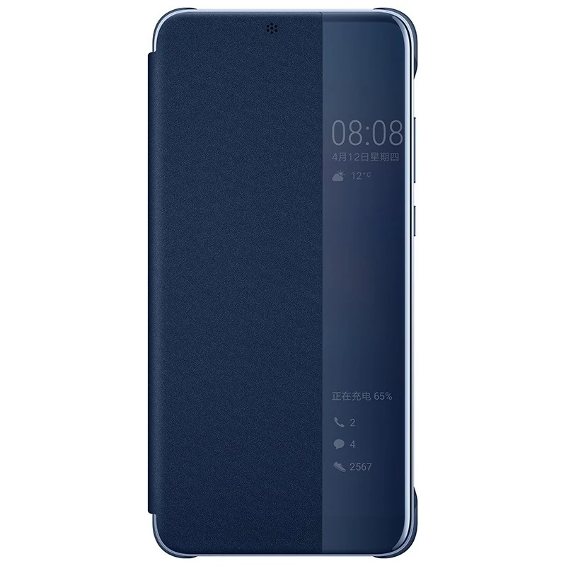 Gyári tok, Huawei P20, oldalra nyíló műanyag smart flip tok, kék, bliszteres