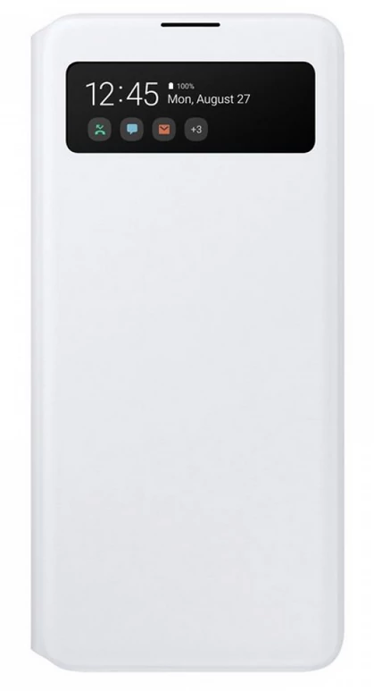 Gyári tok, Samsung Galaxy A71 A715, S-View ablakos oldalra nyíló, fehér, bliszteres, OSAM-EF-EA715PWEG