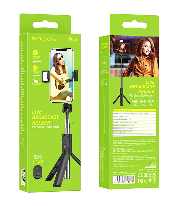 Bluetooth selfie bot, Borofone BY8, vezeték nélküli távirányítóval, tripod állvánnyal, fekete, bliszteres