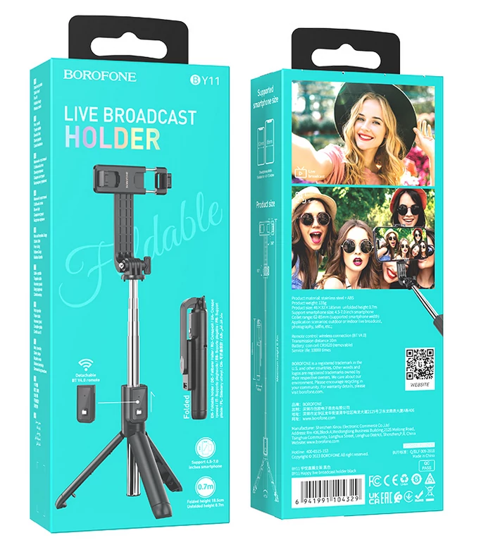 Bluetooth selfie bot, Borofone BY11, vezeték nélküli távirányítóval, tripod állvánnyal, fekete, bliszteres