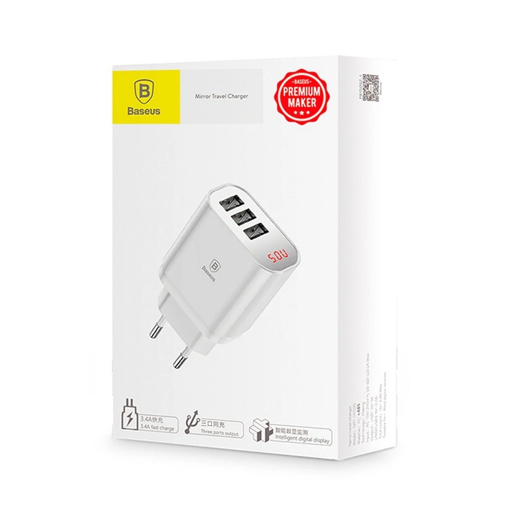 Töltő, hálózati töltőfej, Baseus CCALL-BH02, 3 USB kimenettel, 3.4A, fehér, bliszteres 