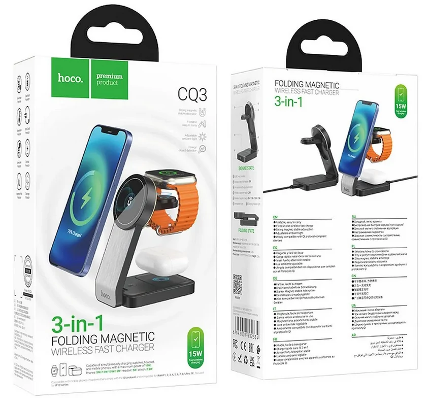 Töltő, Hoco CQ3, 3in1, vezeték nélküli indukciós töltőállvány, 15W, 2A, fekete, bliszteres