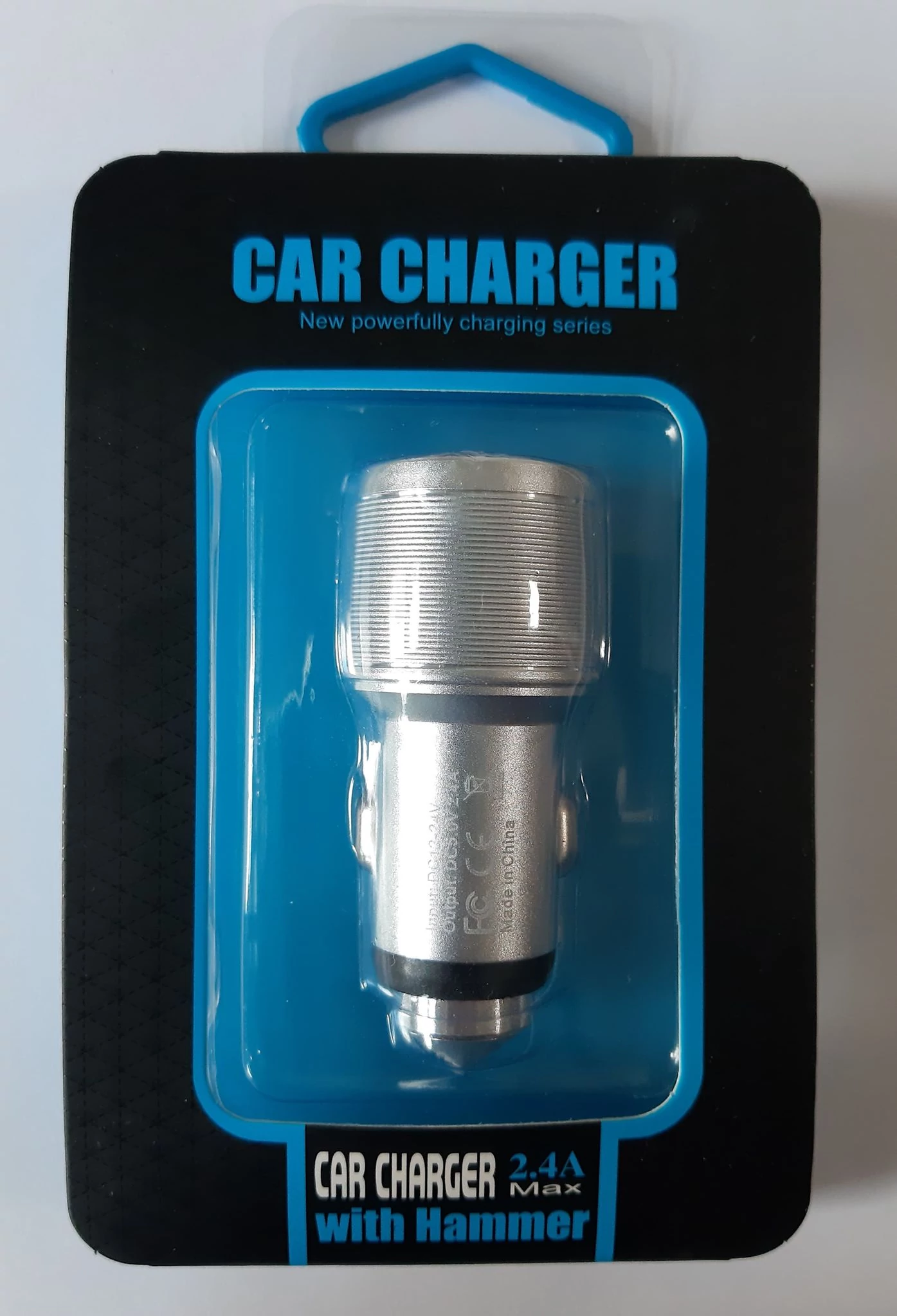 Töltő, autós töltőfej, 2 USB bemenettel, 2.4A, aluminium, ezüst, bliszteres