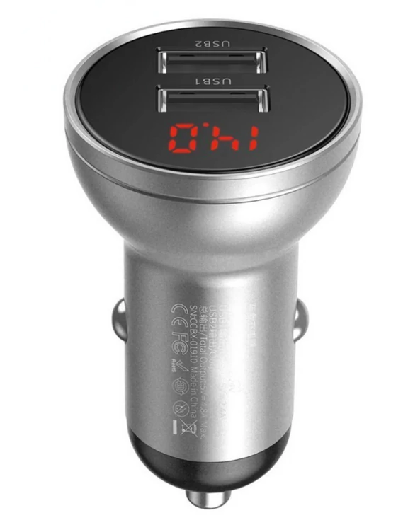 Töltő, Baseus autós töltőfej (CCBX-0S), 2 USB bemenettel, 24W, 4.8A, ezüst, bliszteres