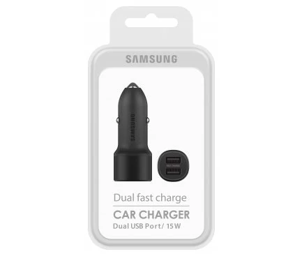 Töltő, Samsung, autós töltőfej, /EP-L1100NBEG/ 2 USB bemenettel, LED világítással,15W, 2A, fekete, bliszteres