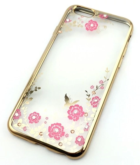 Tok, Ultra-slim szilikon tok, Apple Iphone X / XS, arany keretes, rózsaszín virág mintás, Swarovski kristályos