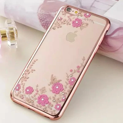 Tok, Ultra-slim szilikon tok, Huawei P20 Lite, rose gold keretes, rózsaszín virág mintás, Swarovski kristályos